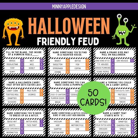 Halloween Friendly Feud Game Printable Halloween Game Halloween Party Game Halloween Game Family Halloween Adult Kids Teen - Etsy Adult Halloween Party Games, Pumpkin Games, Family Feud Game, Halloween Names, Teen Halloween, Halloween Scavenger Hunt, Halloween Facts, Halloween Games For Kids, Halloween Party Games