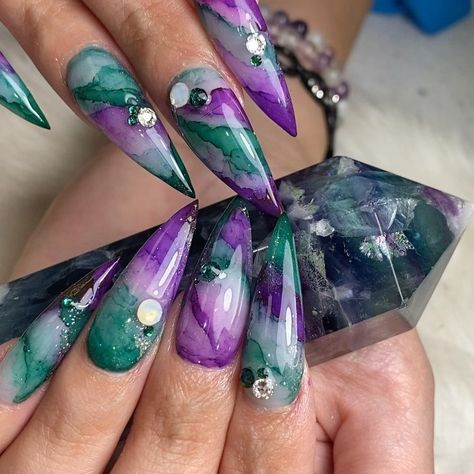 Fluorite Nails, Crystal Nails, Fluorite Crystal, Alcohol Ink, Nail Inspo, Nail Art, Nails, Crystals, Beauty