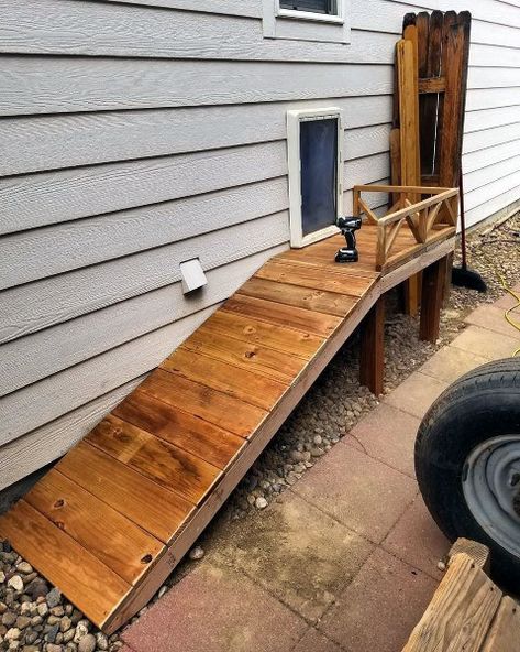 Dog Door Ideas, Victorian Entryway, Doggy Door, Wooden Ramp, Dog Spaces, Pet Doors, Dog Yard, Dog Potty, Dog Ramp