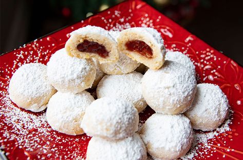 Filled Almond Snowball Cookies | Italian Food Forever Raspberry Filled Snowballs, Raspberry Filled Almond Snowball, Raspberry Filled Almond Snowball Cookies, Almond Snowball Cookies, 2024 Cookies, European Desserts, Cookies Italian, Almond Crescent Cookies, Crescent Cookies