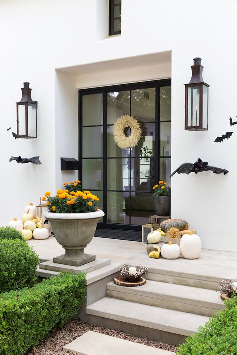 From spooky front porch decor to beautiful fall table scapes, these tips and tricks for halloween decorations will last you throughout the Fall season. Porche Halloween, Chic Fall Decor, Modern Halloween Decor, Porch Halloween, Modern Fall Decor, Halloween Front Porch Decor, Modern Halloween, Halloween Front Porch, Chic Halloween