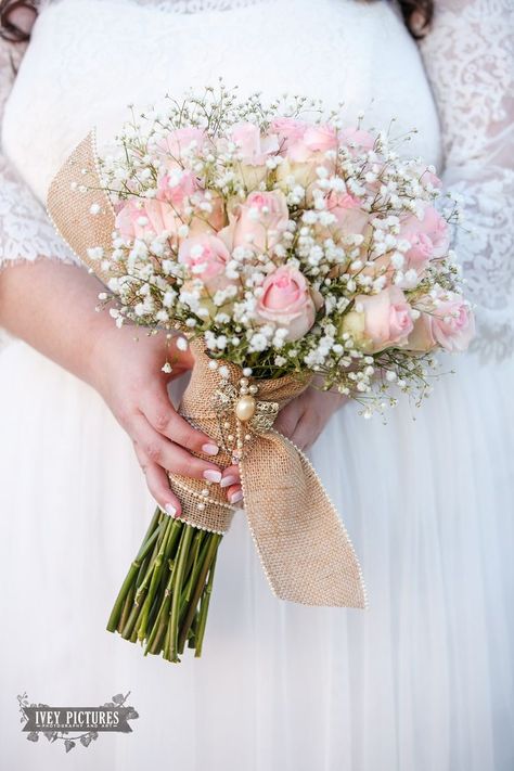 Pink Babybreath Bouquet, Burlap And Pink Wedding, Bouquet Of Flowers For Bride, Flower For Bride Bouquets, Light Pink Prom Flowers Bouquet, Flower Bouquet For Wedding Bride, Baby Pink Flower Bouquet, Bride Flower Bouquet Pink, Pink Roses And Baby Breath Bouquet