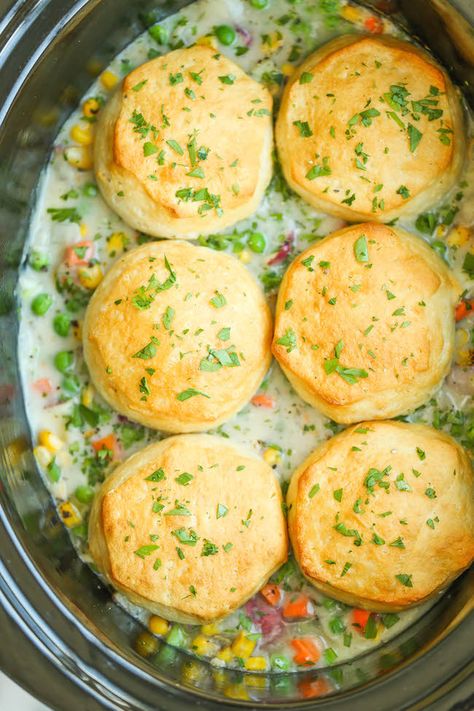 Slow Cooker Chicken Pot Pie - The easiest pot pie recipe ever made right in the crockpot from scratch - no condensed cream of chicken soup here! Chicken Pot Pie Slow Cooker, Pot Pie Slow Cooker, Bisquick Chicken Pot Pie, Pot Pie Recipe Easy, Slow Cooker Chicken Pot Pie, Crockpot Chicken Pot Pie, Turkey Pie, Slow Cooker Times, Homemade Chicken Pot Pie