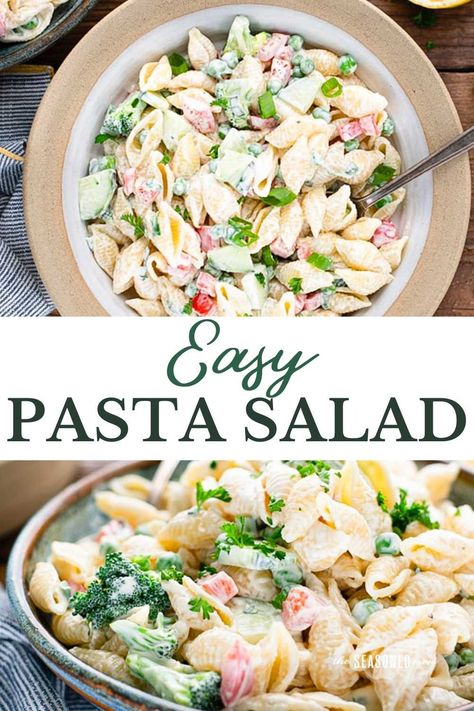 Full of fresh, flavorful ingredients, this easy pasta salad recipe is a popular side dish for picnics, potlucks, and cookouts. The creamy cold pasta salad starts with a bright, smooth dressing made with mayo, lemon, fresh basil, and garlic. Perfect for spring and summer entertaining! Cold Pasta Salad Recipes Easy, Creamy Pasta Salad Dressing, Pasta Salad With Mayo, Easy Cold Pasta Salad, Pasta Salad Dressing Recipe, Mayo Pasta Salad Recipes, Spring Pasta Salad, Homemade Pasta Salad, Easy Pasta Dinner Recipes