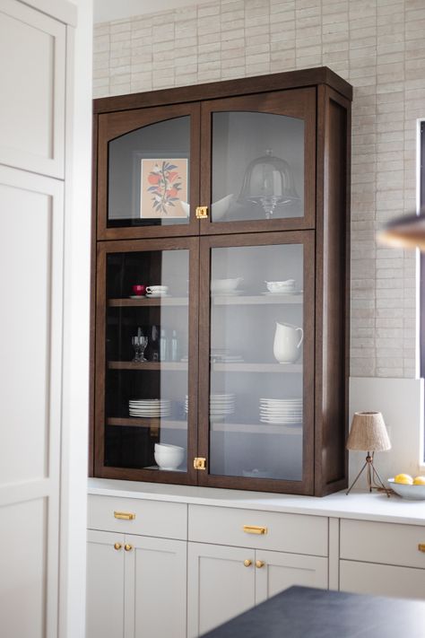 Countertop Glass Cabinet, Kitchen With Glass Cabinets On Top, Using Hutch For Kitchen Cabinets, Glass Cabinet Styling Kitchen, Pantry Hutch Cabinet, Hutch Top On Kitchen Counter, Hutch Into Kitchen Cabinet, China Cabinet Kitchen Cabinets, Hutch On Kitchen Counter