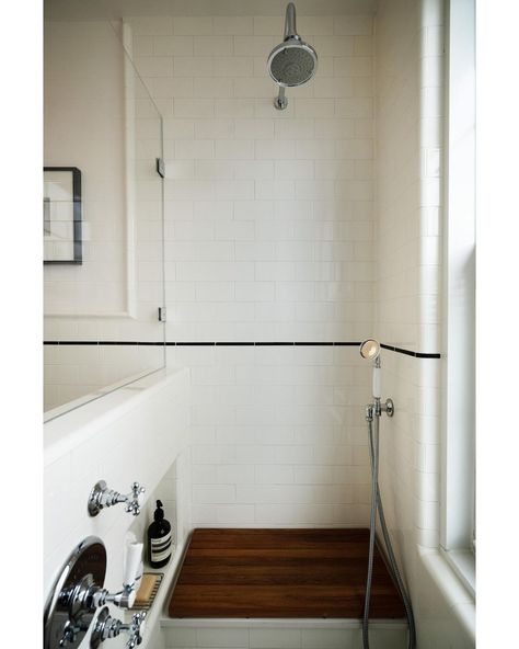 Heritage Tile (@heritagetile) • Instagram photos and videos Hand Painted Subway Tile, Striped Subway Tile Bathroom, Subway Tile With Accent Strip, Black Wainscoting Bathroom, Craftsman Interiors, Black Wainscoting, Master Bath And Closet, Beveled Subway Tile, Subway Tile Showers