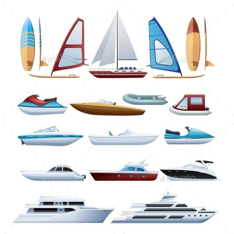 Motor boats catamaran windsurfer and sailboat various types of water transport flat icons set abstract isolated vector illustratio Boat Icon, Boat Silhouette, Boat Cartoon, Boat Vector, Boat Illustration, Pirate Boats, Sailboat Yacht, Flat Icons Set, Boating Outfit