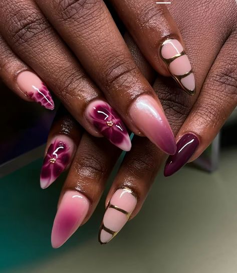 Sade Inspired Nails, Almond Nails Trendy Design, Round Cat Eye Nails, Long Almond Nails Designs Summer 2024, Japanese Style Nail Art, Dark Summer Nail Ideas, Sade Aesthetic Nails, Earthy Almond Nails, Maximalist Nails Almond