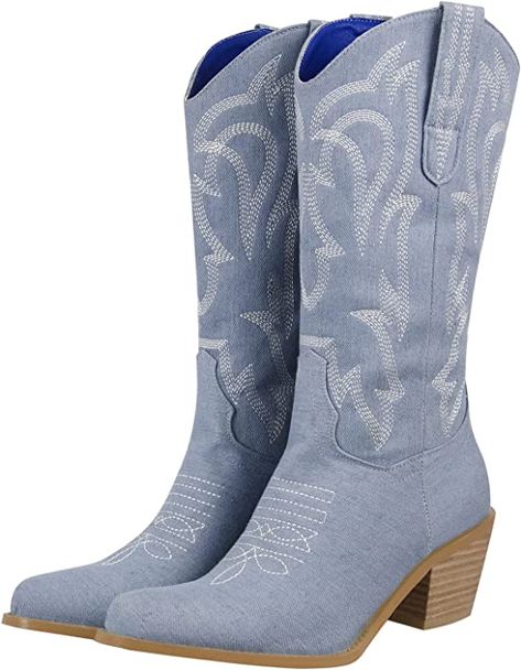 perfect costal cowgirl boots 💙 #summer2023 #costalcowgirl #aesthetic #babyblue #cowgirlboots #trendy #affordable #amazonfinds Blue Cowgirl Boots, Cowgirl Boots For Women, Western Canvas, Blue Cowboy Boots, Formal Heels, Boot Pulls, Cowgirl Cowboy, Denim Boots, Pu Heels