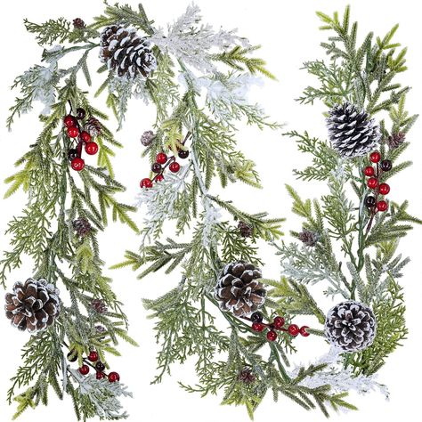 Package includes a 6' long snowy faux cedar and pine garland Christmas garland winter greenery garland. This Christmas garland has a mix of realistic cedar and pine greenery with 5 clusters of faux red berries and 15 pcs frosted pine cones for a gorgeous, lush, and full look. Ideal for winter or Christmas decorating, this winter garland can add a farmhouse winter wonderland feel to your holiday home, winter wedding, party, or special event decoration. Pine Garland Christmas, Table Runner Centerpiece, Winter Table Decor, Winter Garland, Greenery Centerpiece, Red Napkins, Gold Christmas Ornaments, Winter Greenery, Green Tablecloth