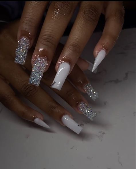 Pixie crystal nails with a nail piercing and a stiletto nail Pixie Acrylic Nails, Nail Ideas Crystals, Pixie Diamond Nails, Pixie Beads Nails, Birthday Nails White Glitter, Pixie Crystal Nail Designs, Pixies Nails, White Nails With Crystals, White Crystal Nails