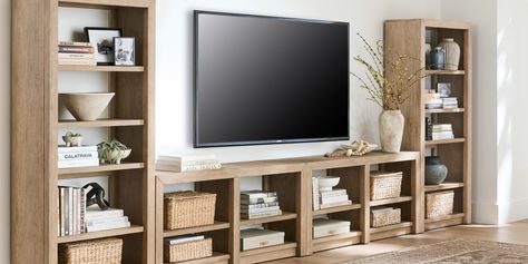 Dillon Large Tv Wall Ideas Living Room, Double Bookcase, Shelves Around Tv, Tv Stand Bookshelf, Tv Entertainment Centers, Basement Living, Media Consoles, Traditions Around The World, Low Bookcase