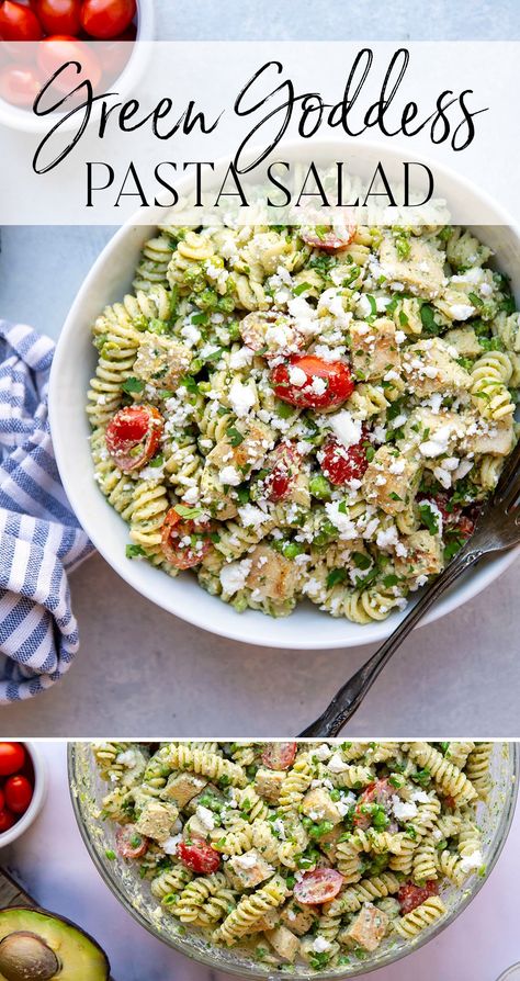 Green Goddess Pasta Salad, Green Goddess Pasta, Grilled Chicken Pasta Salad, Chicken Breast Pasta, Juicy Grilled Chicken, Feta Pasta Salad, Salad With Grilled Chicken, Green Pasta, Goddess Dressing