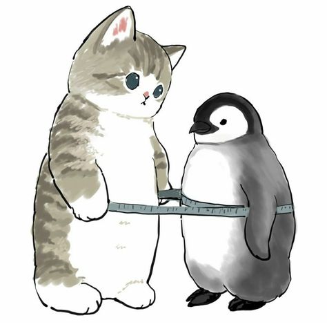 Cat And Penguin, Drawing Ideas Aesthetic, Penguin Drawing, Cat Drawing Tutorial, Kitten Drawing, Cat Icon, Cute Cartoon Drawings, Kawaii Cat, Cat Aesthetic