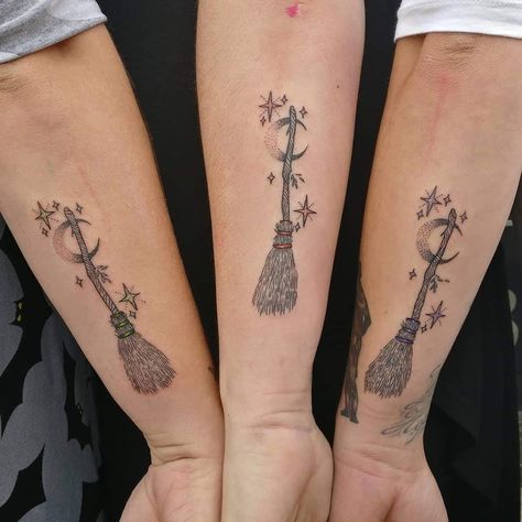 Simple Hocus Pocus Tattoo, Practical Magic Tattoo Ideas Sisters, Broomstick Tattoo, Hocus Pocus Tattoo, Group Tattoos, Hocus Pocus Movie, Movie Tattoo, Magic Tattoo, Practical Magic