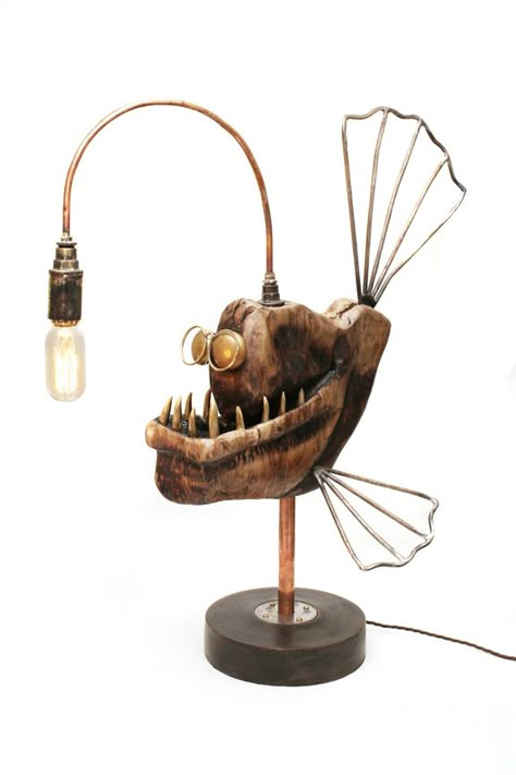 NIk Burns SculptorAngler fish Lamps - NIk Burns Sculptor Creepy Steampunk, Luminaria Diy, Luminaire Original, Fish Lamp, Pipe Lamp, Steampunk Lamp, Angler Fish, Iron Pipe, Steampunk Style