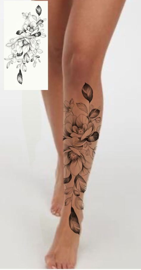 Leg Tattoos Women Cover Scar, Floral Shin Tattoos For Women, Floral Shin Tattoo, Shin Tattoos For Women Ideas, Womens Calf Tattoo Ideas, Ankle Cuff Tattoo, Nail Halloween, Lower Leg Tattoos, Wrap Around Tattoo