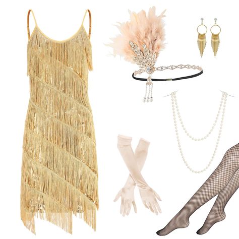 PRICES MAY VARY. The 1920s flapper dress set includes: 1*flapper dress, 1*feather headband, 1*plastic stick, 1 pair of earrings, 1*necklace and 1 pair of gloves. You will get what you see in the main image. Material: Flapper headband - feather, crystal, imitation pearl and elastic band, flapper dress - sequins and high quality polyester fabric, gloves - polyester, plastic stick - plastic, necklace - imitation pearls, earrings - high quality alloy. Size: Gloves-21.65’’, necklace-59’’. The plastic The Roaring 20s Party, Great Gatsby Outfits For Women, Great Gatsby Party Outfit, Gold Flapper Dress, Great Gatsby Outfits, Gatsby Party Outfit, Gatsby Outfit, Decades Costumes, 20s Costume