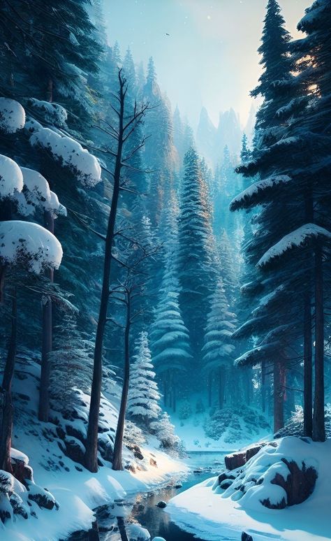 Snow Forest Art, Winter Nature Wallpaper, Acrylic Art Ideas, Beautiful Acrylic Painting, Holiday Landscape, Snow Nature, Snowy Forest, Fantasy Places, Cool Wallpapers Art