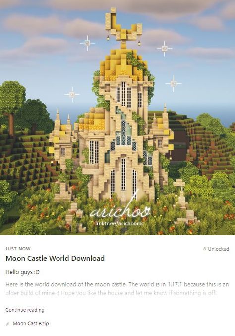 Hi guys! :) The world download of the moon castle is now available on my Patreon. If you are interested in this building and in supporting me click on the picture. Love you all & have a great day/night! 🥰 #cottagecoreminecraft #cottagecore #cottage #minecraftcottage #minecraftaesthetic #aesthetic #aestheticminecraft #minecraft #mizunos16craft #patreon #fairy #fairycore #pixie #magic #support #contentcreator #moon #mooncastle #stars #starsandmoon Minecraft Build House, Village In Minecraft, Minecraft Castle Blueprints, Minecraft Village Ideas, Cherry Blossom House, Minecraft Pfp, Moon Castle, Build In Minecraft, Cottage Minecraft