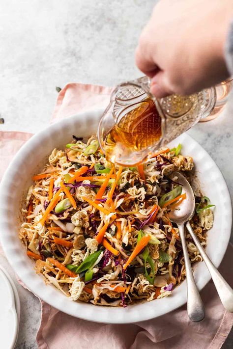 Ramen Noodle Salad - Mighty Mrs | Super Easy Recipes Raman Salad Recipes, Asian Salad With Ramen Noodles, Raman Salad, Recipes To Take To Work, Ramen Noodle Slaw, Ramen Cabbage Salad, Vegetable Ramen, Slaw Salad, Summer Side Dishes Recipes