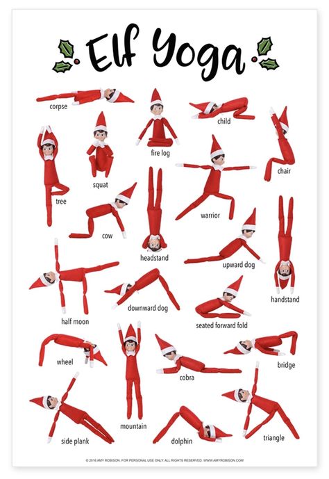 Elf Yoga Printable, Christmas Yoga For Kids, Elf On The Shelf Yoga Ideas, Elf Yoga Free Printable, Elf Yoga, Christmas Diary, Upward Dog, Elf Drawings, Elf Ideas Easy