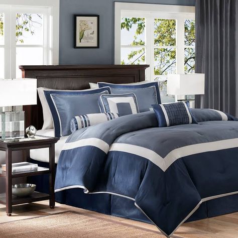 Madison Park Abigail Navy Solid Pieced 7 Piece Comforter Set California King - Google Express 2014 Room, Bedroom Comforters, Plaid Comforter, Blue Comforter Sets, Home Essence, Blue Comforter, Bedding Ideas, Coastal Bedrooms, King Comforter Sets