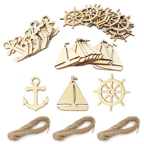 PRICES MAY VARY. Package includes: 36PCS Nautical Themed Unfinished Wood Cutouts(12pcs Sailboat + 12pcs Rudder + 12pcsAnchor), 3pcs hemp rope Blank surface, allows you to give a full play of imagination and DIY them as you like. You can dye them with paint, watercolor pens, and embellish them with beads, shells and ribbons to create unique and delicate crafts. You can easily hang these wood slices anywhere you want as decorations (such as home, school, office, camping tents, ocean theme party, w Nautical Baby Shower Decorations, Watercolor Pens, Wood Anchor, Ocean Theme Party, Nautical Themed Party, Mermaid Crafts, Wood Burning Kits, Wooden Cutouts, Wood Chips