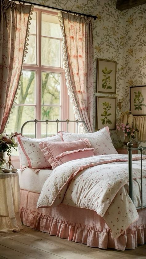 Cottagecore Bedrooms, Ruffled Bedding, Cottage Core Bedroom, Cottage House Interior, Rose Bedroom, Cottagecore Pink, Cottagecore Bedroom, Shabby Chic Decor Bedroom, Romantic Ambiance