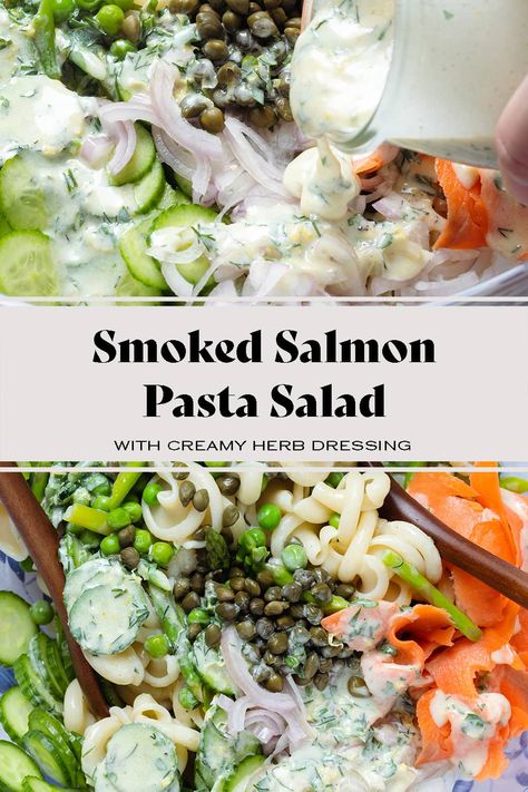 This Smoked Salmon Pasta Salad is made with lots of fresh veggies, blanched asparagus, peas, lots of pasta, and smoked salmon. Everything is drizzled with creamy herby dressing. Smoked Salmon Pasta Salad, Pasta Smoked Salmon, Pasta With Smoked Salmon Recipe, Salmon Pasta Salad, Salad With Smoked Salmon, Blanched Asparagus, Appetizers Seafood, Pasta Salad Salmon, Celebration Recipes