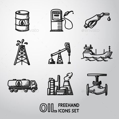 Set of Handdrawn Oil Icons by tashal | GraphicRiver Gas Station Tattoo, Oil Rig Drawing, Oil Rig Tattoo, Gas Drawing, Oil Tattoo, Globe Drawing, Painted Window Art, Texas Oil, Country Tattoos