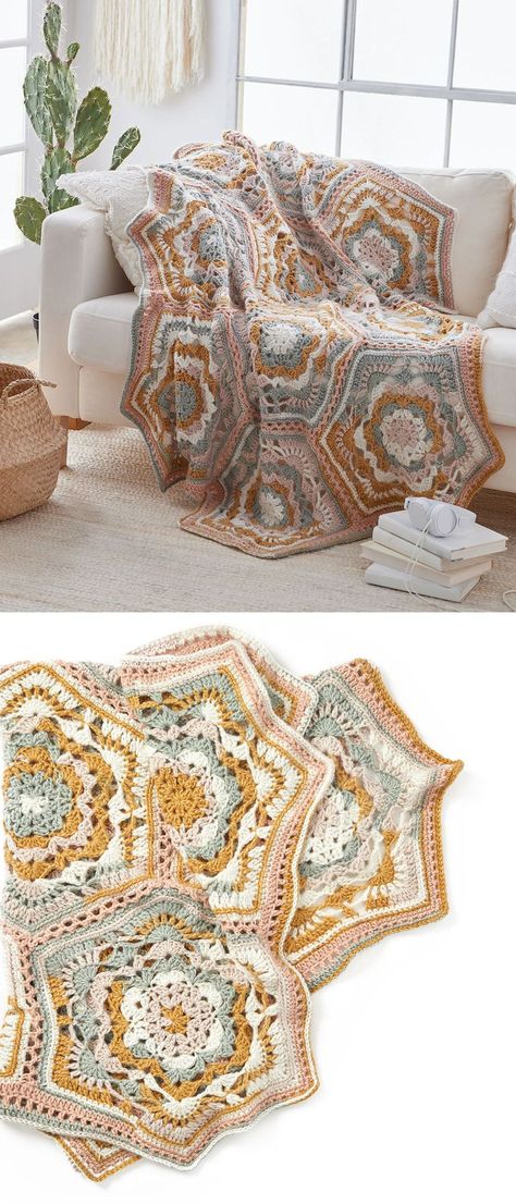 Free Crochet Pattern for a Large Hexagon Blanket - Desert Dreams Throw ⋆ Crochet Kingdom Free Crochet Blanket Patterns, Hexagon Blanket, Hexagon Crochet Pattern, Modern Haken, Crochet Kingdom, Crochet Wraps, Throw Crochet, Crocheted Baby Blanket, Ball Of Yarn