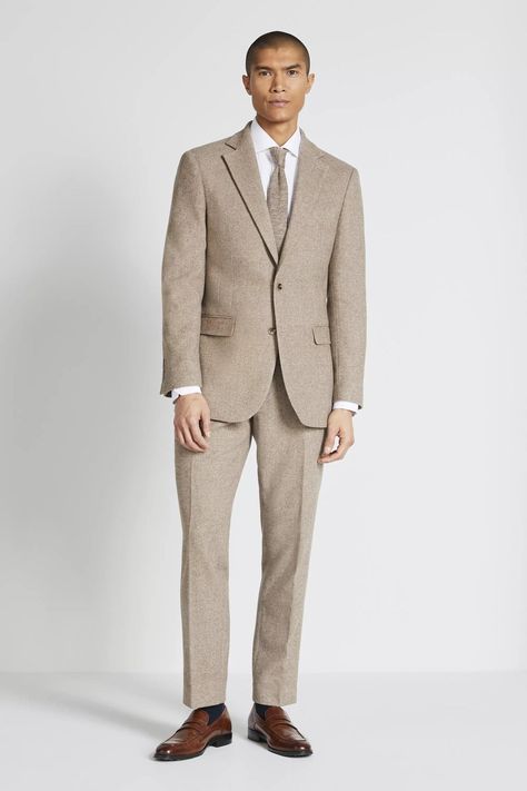 Groom wearing a tailored fit stone coloured rustic wedding suit Taupe Suit Men, Taupe Suits Wedding Men, Rustic Wedding Suit, Khaki Suits, Cocktail Attire Men, Suit Jacket Dress, Formal Mens Fashion, Mens Suit Jacket, Colour Theme