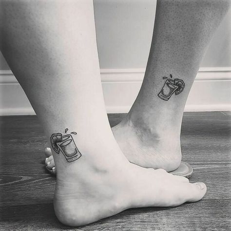 Drinking Matching Tattoos, Matching Tattoos For Best Friends Alcohol, Best Friend Margarita Tattoos, Alcohol Glass Tattoo, Small Tequila Shot Tattoo, Alcohol Tattoo Ideas Friends, Drinking Tattoos Alcoholic, Matching Drinking Tattoos, Cheers Tattoo Ideas