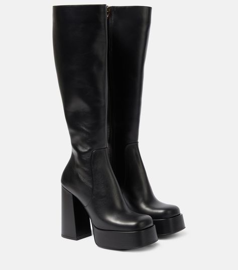 Aevitas Leather Platform Knee High Boots in Black - Versace | Mytheresa Monster High Boots, Versace Boots, Versace Heels, Platform Knee High Boots, Leather High Heel Boots, Black High Boots, Versace Gold, Black Knee High Boots, Aesthetic Shoes