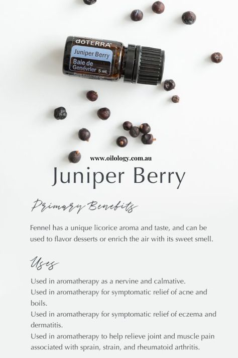 Juniper Berry Essential Oil

Derived from the coniferous tree, Juniper Berry essential oil has a rich history of traditional uses. Juniper Berry acts as a cleansing agent and acts as a skin toner.

It is also the oil of night - dilute and apply to your bubs to soothe night terrors and promote a sound restful sleep.

One little bottle, so many uses.

For more free essential oil education be sure to visit us at oilology.com.au/blog Juniper Berry Benefits, Juniper Berries, Juniper Oil, Benefits Of Berries, Juniper Berry Essential Oil, Essential Oil Education, Juniper Berry, Lunar Cycle, Essential Oil Benefits