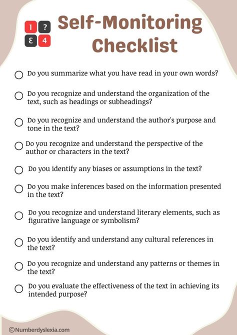 Here is we discuss about the Self-Monitoring Reading Comprehension Checklist. Self-monitoring reading comprehension is like having a map for reading, but with the added ability to monitor your progress as you go. s a powerful tool for anyone who wants to improve their ability to understand and comprehend complex texts. #selfmonitoring #selfmonitoringchecklist #learning #readingcomprehension. you can also download the PDF ersion the link is given below as: How To Comprehend What You Read, Improve Reading Comprehension, Literary Elements, Self Monitoring, Authors Purpose, Comprehension Strategies, Figurative Language, Reading Fluency, Reading Comprehension