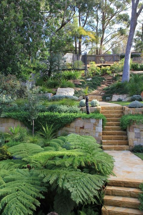 In Ground Stock Tank Pool, Steep Hillside Landscaping, Steep Backyard, Steep Gardens, Sustainable Garden Design, Australian Garden Design, Garden Aesthetics, Landscape Stairs, Bush Garden