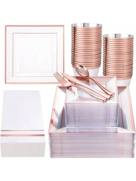 VALUE SET: This rose gold plastic plates set includes 50pcs clear rose gold dinner plates, 50pcs clear rose gold dessert plates, 50 sets of rose gold plastic silverware, 50pcs rose gold rim cups and 50pcs 13*15.7 inches (unfolded size) napkins, our clear and rose gold  plates solve everything you need for dining, making it easy for you to hold a party and enjoy a good time.  MATERIAL: Our rose gold plates are all made of  plastic material, , odorless, safe and reliable, rose gold  plates are suitable for food contact, so you can rest assured that you can use them. EXQUISITE DESIGN: Clear and rose gold rimmed design, both fashionable and classic elements, this set of square plastic plates can add a luxurious atmosphere to your event and let your guests enjoy an exquisite dining experience. Rose Gold Table Decor, Gold Plastic Silverware, Rose Gold Rims, Nail Therapy, White Party Decorations, Gold Plastic Plates, Gold Dessert, Elegant Plates, Gold Plates