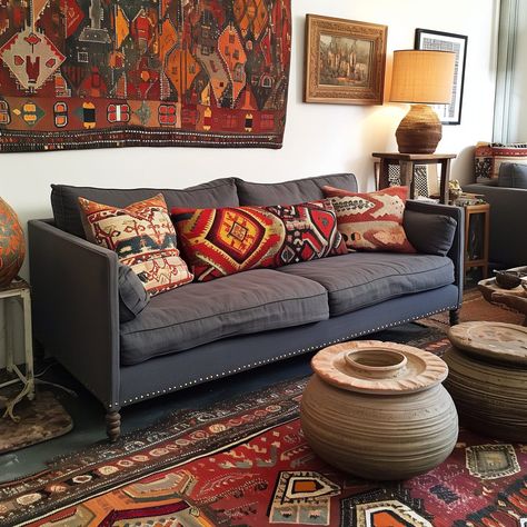 Accent_Boho_Dark_Gray_Sofas_With_Turkish_Textiles_In 4 Dark Gray Couches, Gray Couch Ideas, Dark Gray Couch Living Room, Gray Couch Living Room Ideas, Gray Couch Living Room, Dark Gray Couch, Gray Couches, Navy Sofa Living Room, Dark Grey Couch Living Room