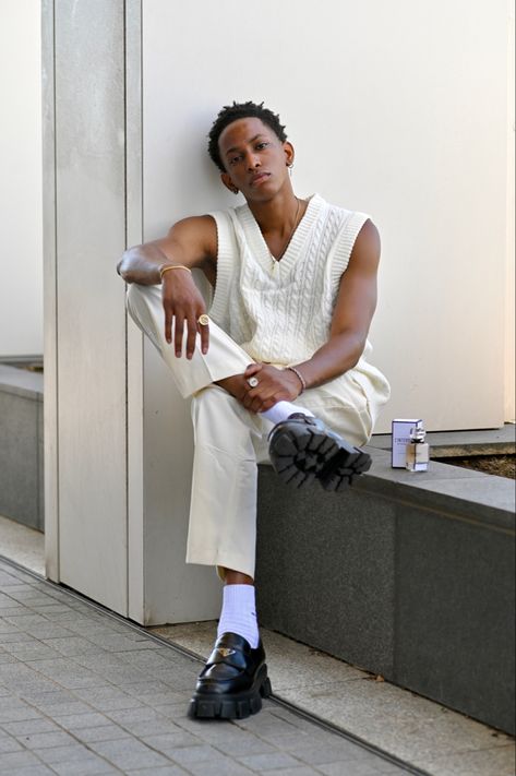 Aesthetic Dinner Outfit Men, Aesthetic Loafers Outfit Men, Cream Vest Outfit Men, Prada Monolith Loafers Outfit Men, Loafers Outfits Aesthetic, Platform Loafers Outfit Men, Prada Loafers Outfit Men, Simple Street Style Outfit Men, White Outfit Men Formal