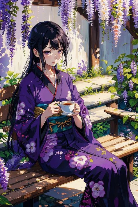 Anime Kimono Design, White Hair Anime, Gym Anime, Woman Kimono, Purple Kimono, Sitting On A Bench, Anime Woman, Anime Kimono, Volleyball Anime