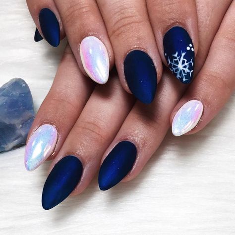 Dark Blue Winter Nails Snowflakes, Blue Holiday Nails Winter Christmas, December Nails Blue, Dark Blue Winter Nails, Dec Nails, Blue Snowflake Nails, Matte Blue Nails, Hanukkah Nails, Metallic Blue Nails