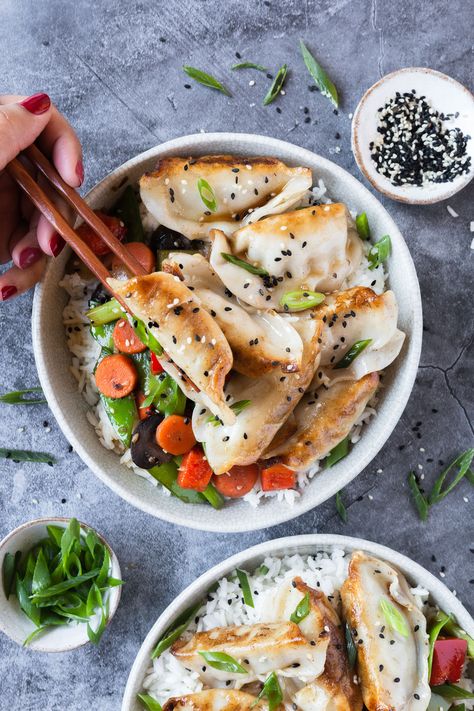 Rice Bowl Topped with Veggie Stir Fry and Vegetable Potstickers recipe | The Feedfeed Fried Rice Aesthetic, Egg Fried Rice Recipe Easy, Rice Aesthetic, Vegetable Potstickers, Fried Rice Egg, Easy Egg Fried Rice, Rice Recipe Easy, Egg Fried Rice Recipe, Potstickers Recipe