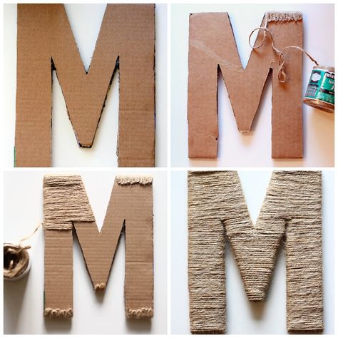 How to wrap cardboard letter with hot glue gun and twine or jute Twine Letters, Monogram Door Wreath, Twine Diy, Pola Macrame, Twine Crafts, Diy Glue, Cardboard Letters, Door Wreaths Diy, How To Wrap