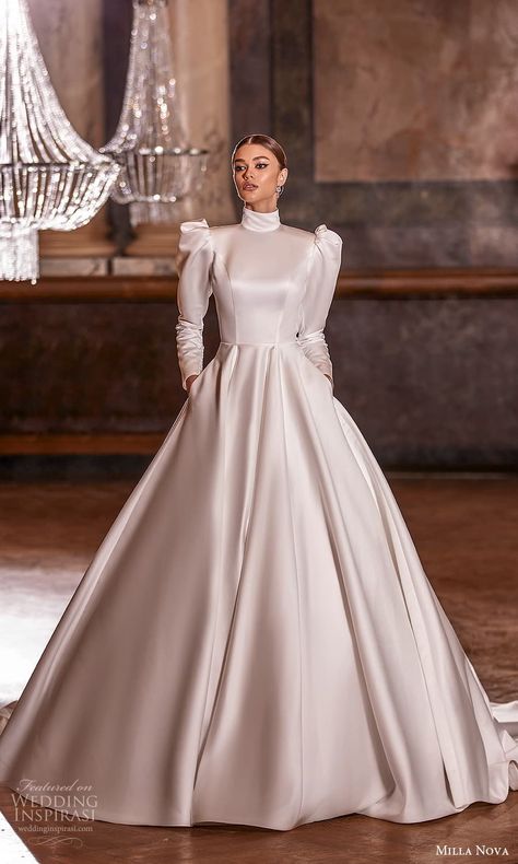 Weddinginspirasi.com featuring - milla nova 2022 royal bridal long puff sleeve high neckline clean minimalist a line ball gown wedding dress chapel train (13) mv -- Milla Nova 2022 Wedding Dresses #wedding #weddings #bridal #weddingdress #weddingdresses #bride #fashion #collection:Royal #label:MillaNova #week:302021 #year:2022 ~ 2022 Wedding Dresses, Long Sleeve Wedding Gown, Long Sleeve Ball Gown Wedding Dress, A Line Ball Gown, Big Wedding Dresses, Hijab Wedding Dresses, Long Sleeve Ball Gowns, Milla Nova, Long Sleeve Wedding Gowns