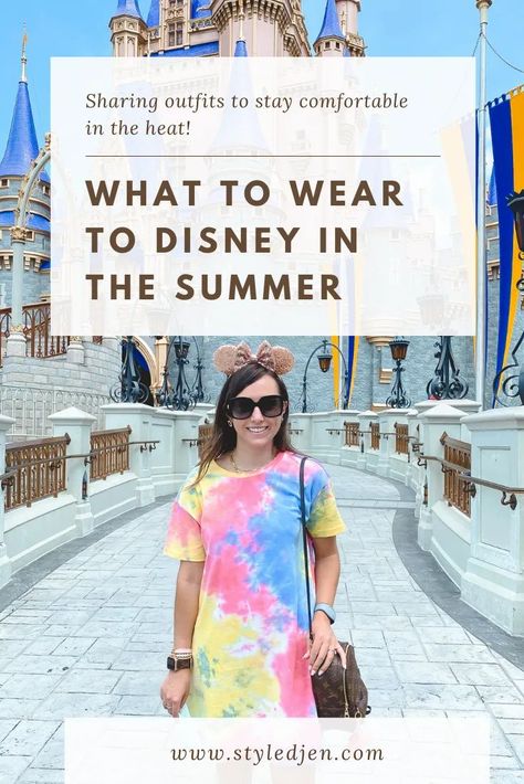 Click to read about what to wear to Disney in the summer Disney Outfits Hot Weather, Disney Inspired Outfits Summer, Wdw Outfits Women Summer, Theme Park Summer Outfit, Disneyworld Outfit Summer Women, Disney Comfortable Outfits, Disney Outfit Over 40, Dresses For Disney World, Summer Disney Outfits Women