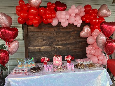 Valentine’s Day Baby Shower Centerpiece, Red And Pink Gender Reveal, Valentines Balloon Arch, Valentines 2024, Red Baby Shower, White Party Theme, Galentines Day Ideas, Valentines Birthday Party, Backdrop Pink