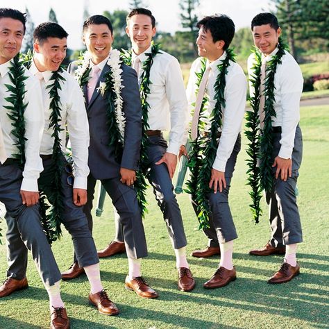 Pink ties and matching argyle socks complete these casual Hawaiian groomsmen looks // Wendy Laurel Photography Semi Formal Wedding Attire, Casual Groomsmen, Hawaiian Hairstyles, Formal Wedding Attire, Groomsmen Looks, Hawaiian Men, Semi Formal Wedding, Traditional Hairstyle, Groomsmen Outfits