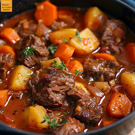 🍲 Beef Stew: Slow-cooked to perfection, bursting with flavors! #StewSuccess Beef Stew Ingredients: Beef chunks (1 lb) Potatoes, cubed (3) Carrots, sliced (2) Onion, chopped (1) Beef broth (2 cups) Tomato paste (1 tbsp) Worcestershire sauce (1 tsp) Garlic, minced (2 cloves) Bay leaves (2) Thyme (1 tsp) Flour (2 tbsp) Oil (2 tbsp) Salt and pepper (to taste) Instructions: Brown beef in oil. Remove and set aside. In the same pot, sauté onions and garlic. Return beef to pot, sprinkle with flou... Beef Stew Ingredients, Healthy Food Menu, Trending Recipes, Food Babe, Aesthetic Food, Tasty Dishes, Cooking Time, Gourmet Recipes, Keto Recipes